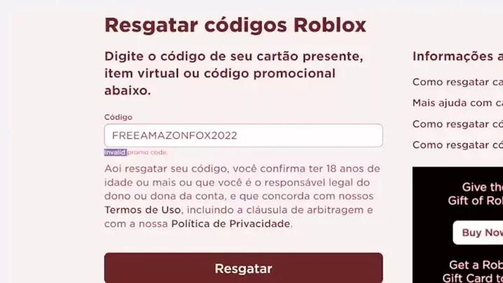 Codigos gift card do roblox