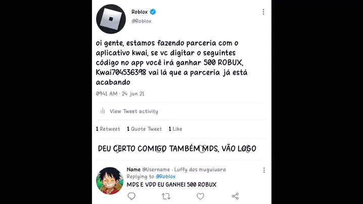 codigo do kwai para ganhar 500 robux no roblox