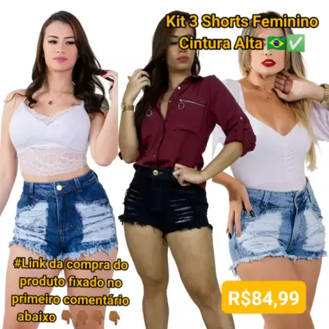 Kit 3 Short Feminino Jeans Com Licra Cintura Alta Desfiado Curto 3