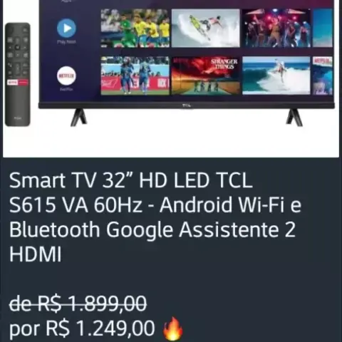 Smart TV 32” HD LED TCL S615 VA 60Hz - Android Wi-Fi e Bluetooth Google  Assistente 2 HDMI - Smart TV - Magazine Luiza