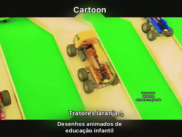 Um trator verde. Carros no parquinho. Desenhos animados para crianças. 