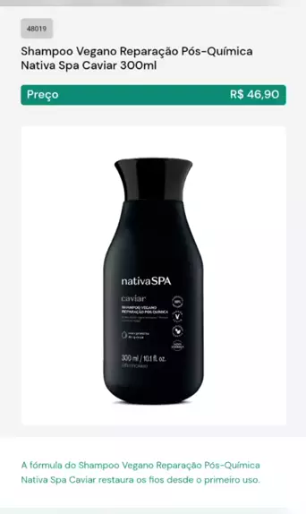 Shampoo Vegano Reparação Pós-Química Nativa Spa Caviar 300ml