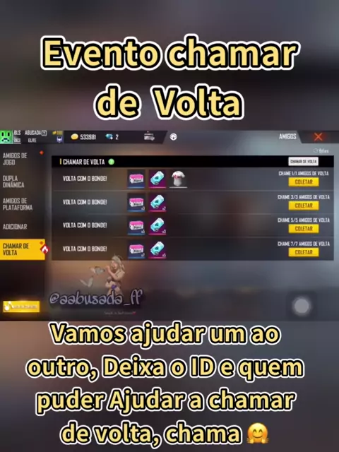 COMO CHAMAR AMIGO DE VOLTA NO FREE FIRE COMO COMPLETAR EVENTO