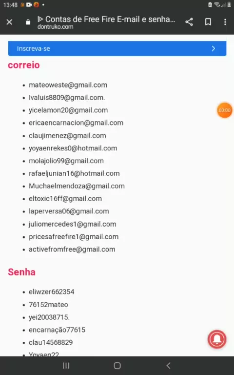 e mail e a senha de conta de free fire do Facebook gemada
